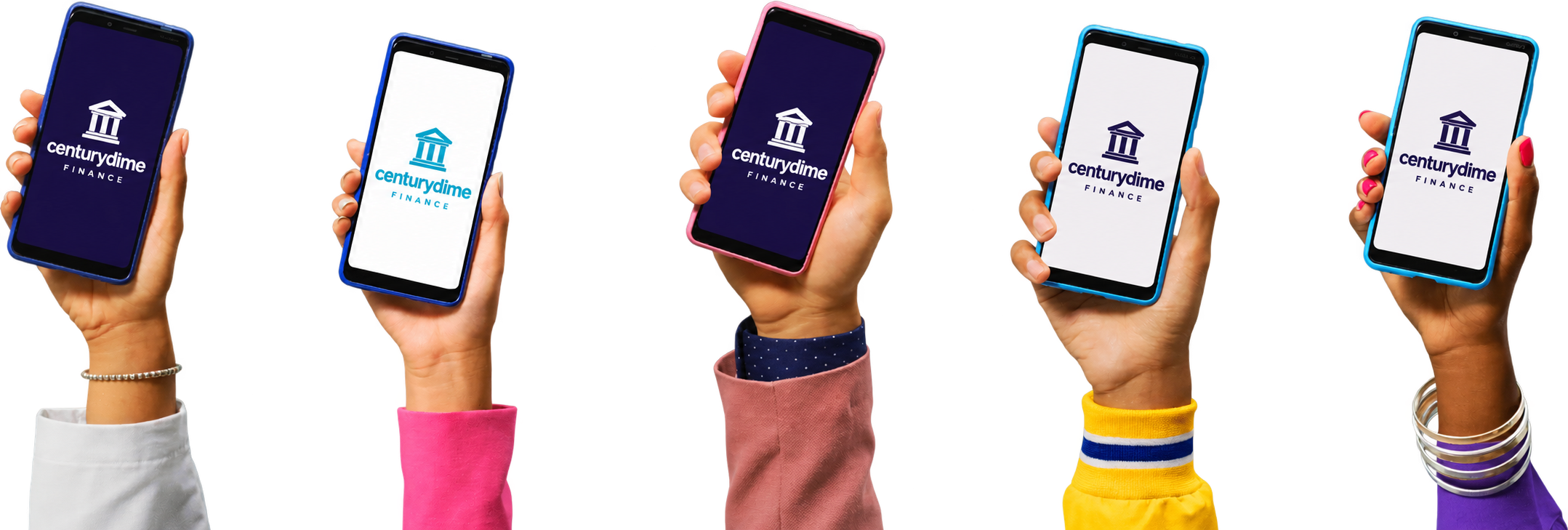 Five hands holding phones displaying Centurydime Finance